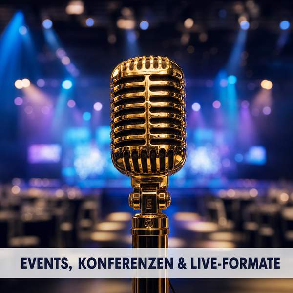 Teaser Events: goldenes Mikrofon, Knowhow im Live-Format (illustrative KI-Darstellung)